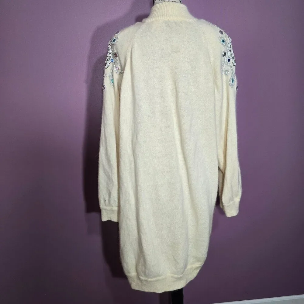 Vintage rhinestones Bejeweled crystal plus size wool angora cardigan